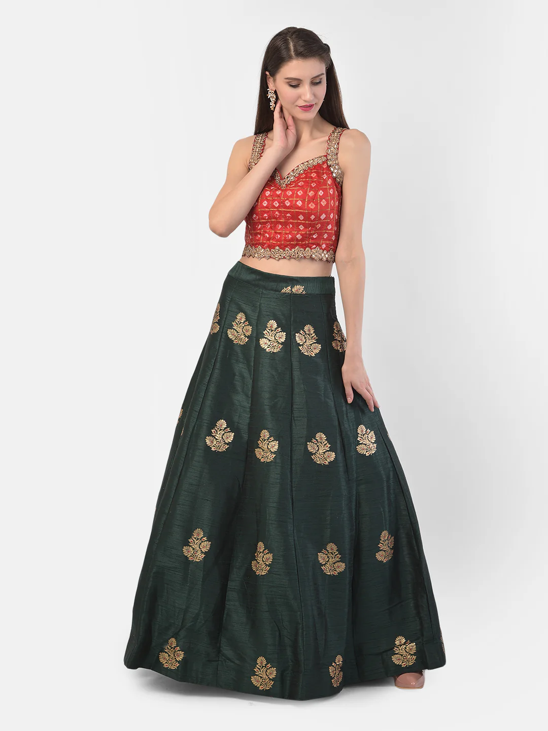 Neerus Bottle Green Color Banaras Fabric Ghagra Set - Image 5