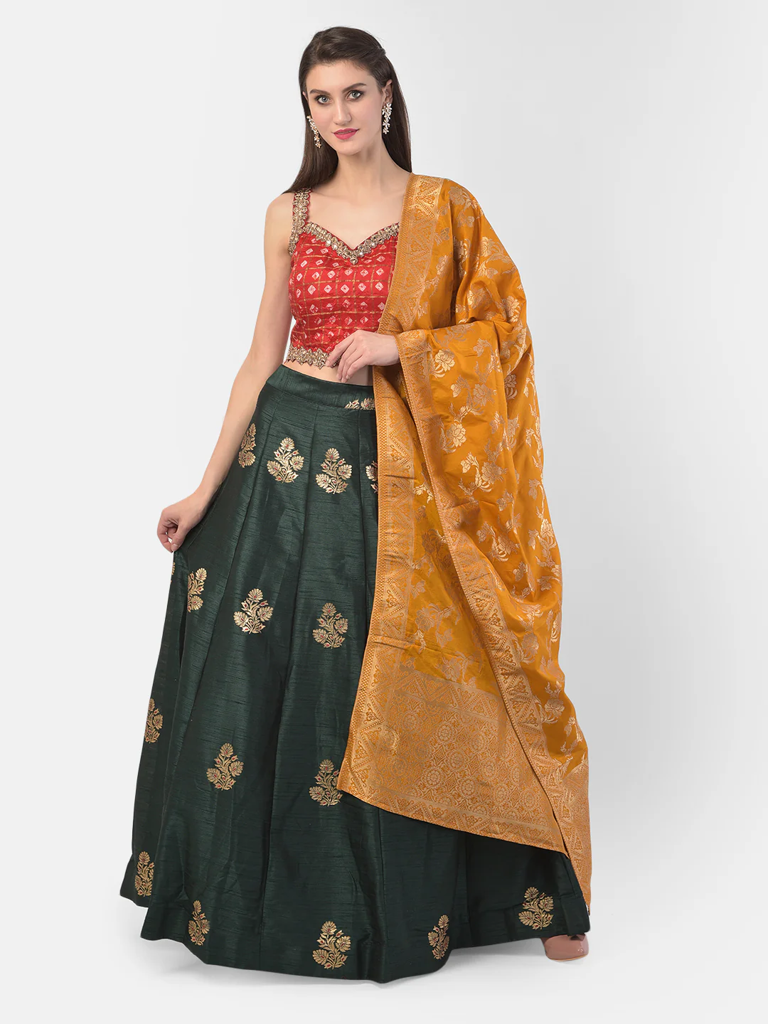 Neerus Bottle Green Color Banaras Fabric Ghagra Set - Image 6
