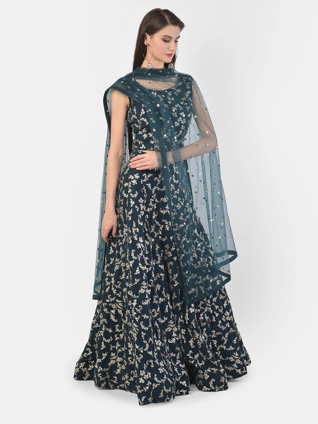 Neerus Bottle Green Color Georgette Fabric Ghagra Set