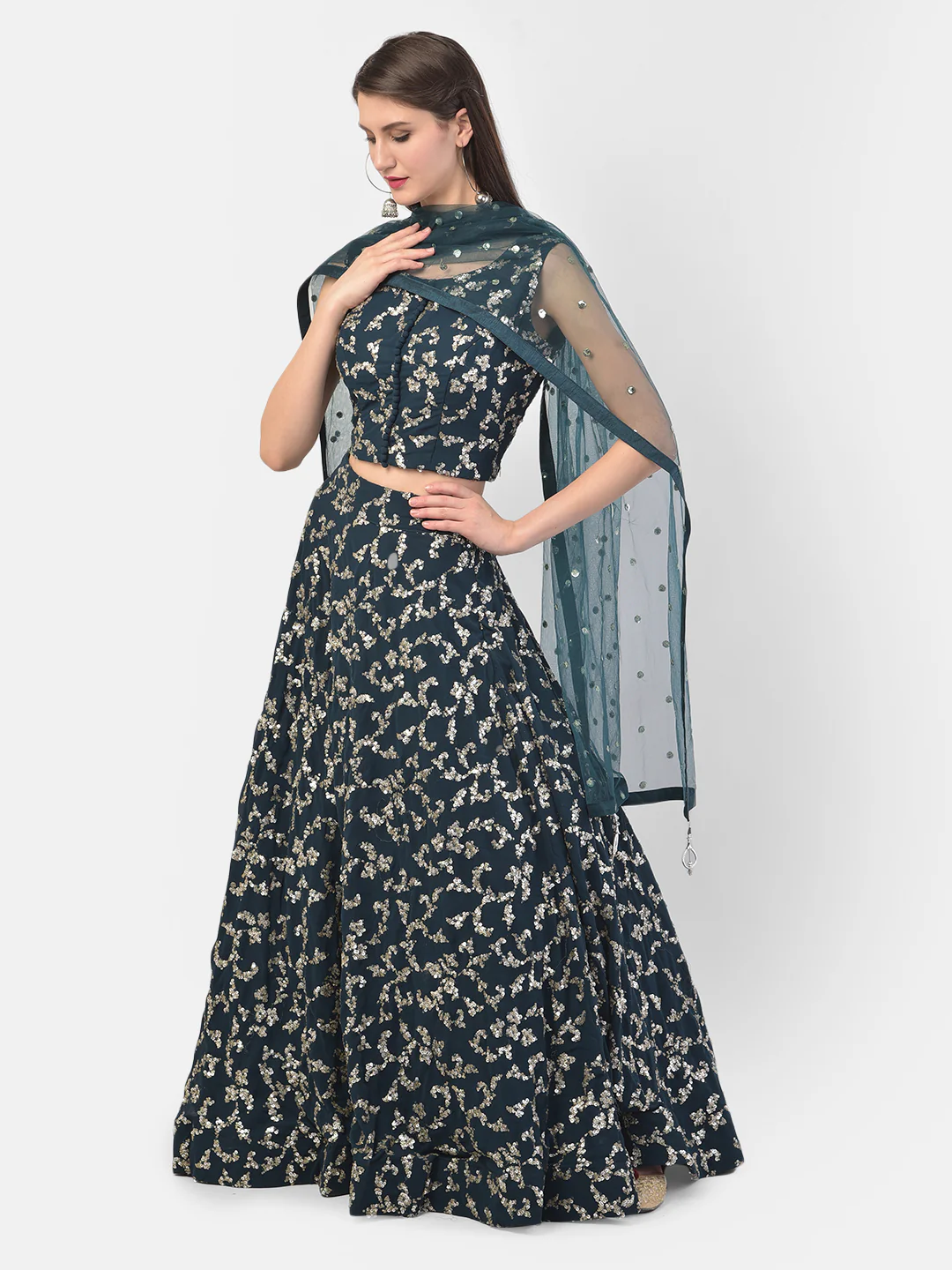 Neerus Bottle Green Color Georgette Fabric Ghagra Set - Image 2