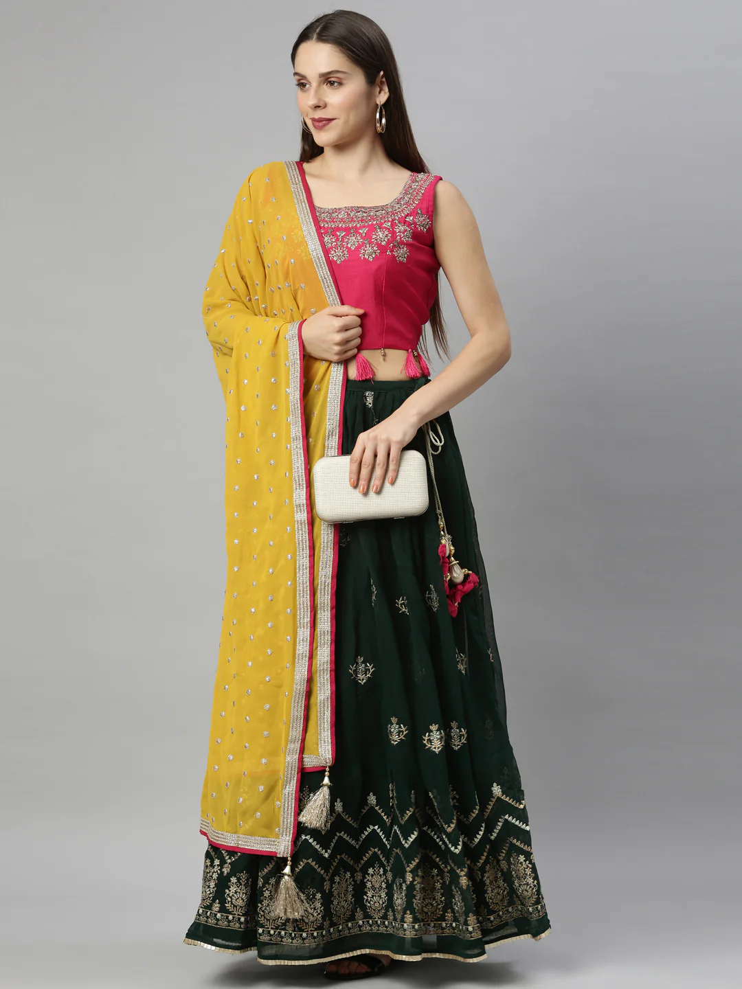 Neerus Bottle Green Color Georgette Fabric Ghagra Set