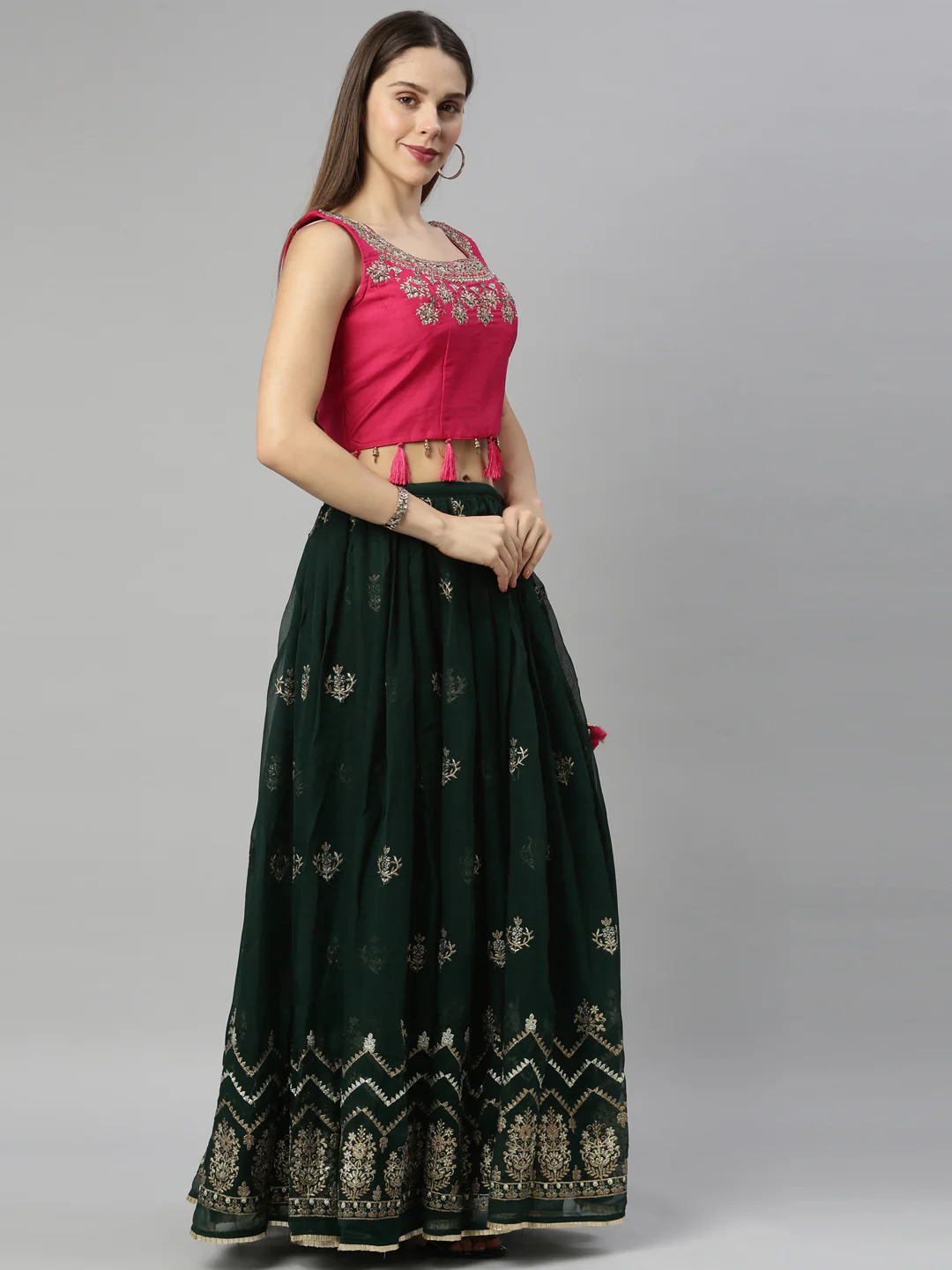 Neerus Bottle Green Color Georgette Fabric Ghagra Set - Image 8