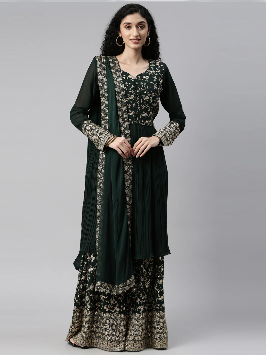 Neerus Bottle Green Color Georgette Fabric Kurta Set