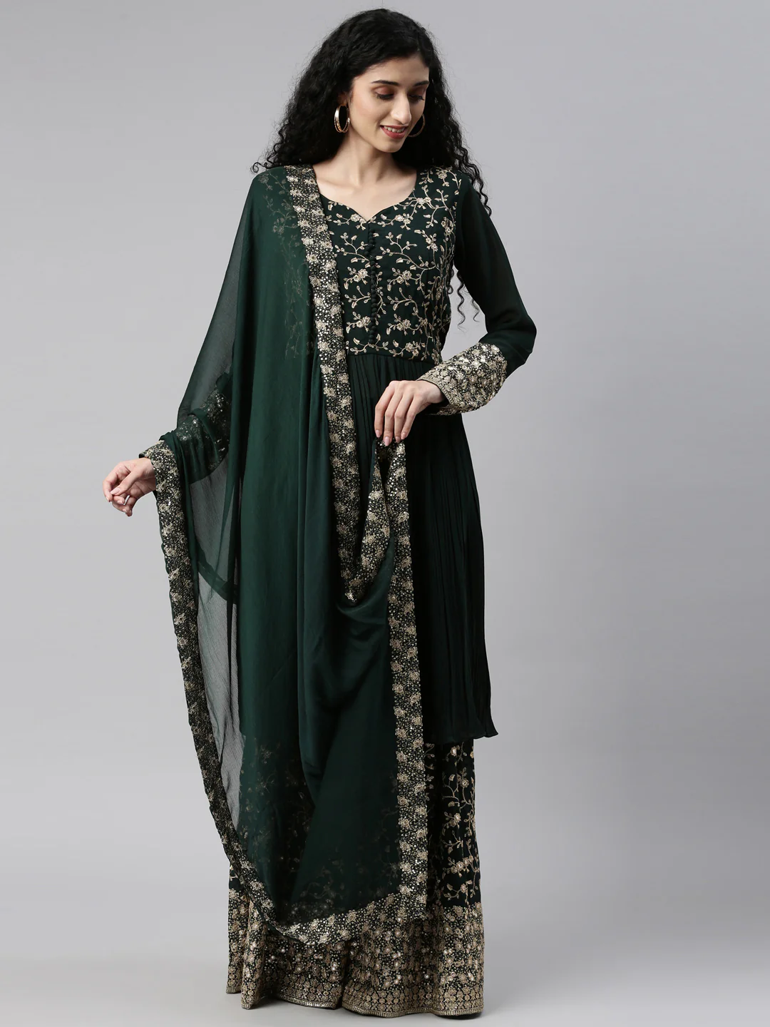 Neerus Bottle Green Color Georgette Fabric Kurta Set - Image 10