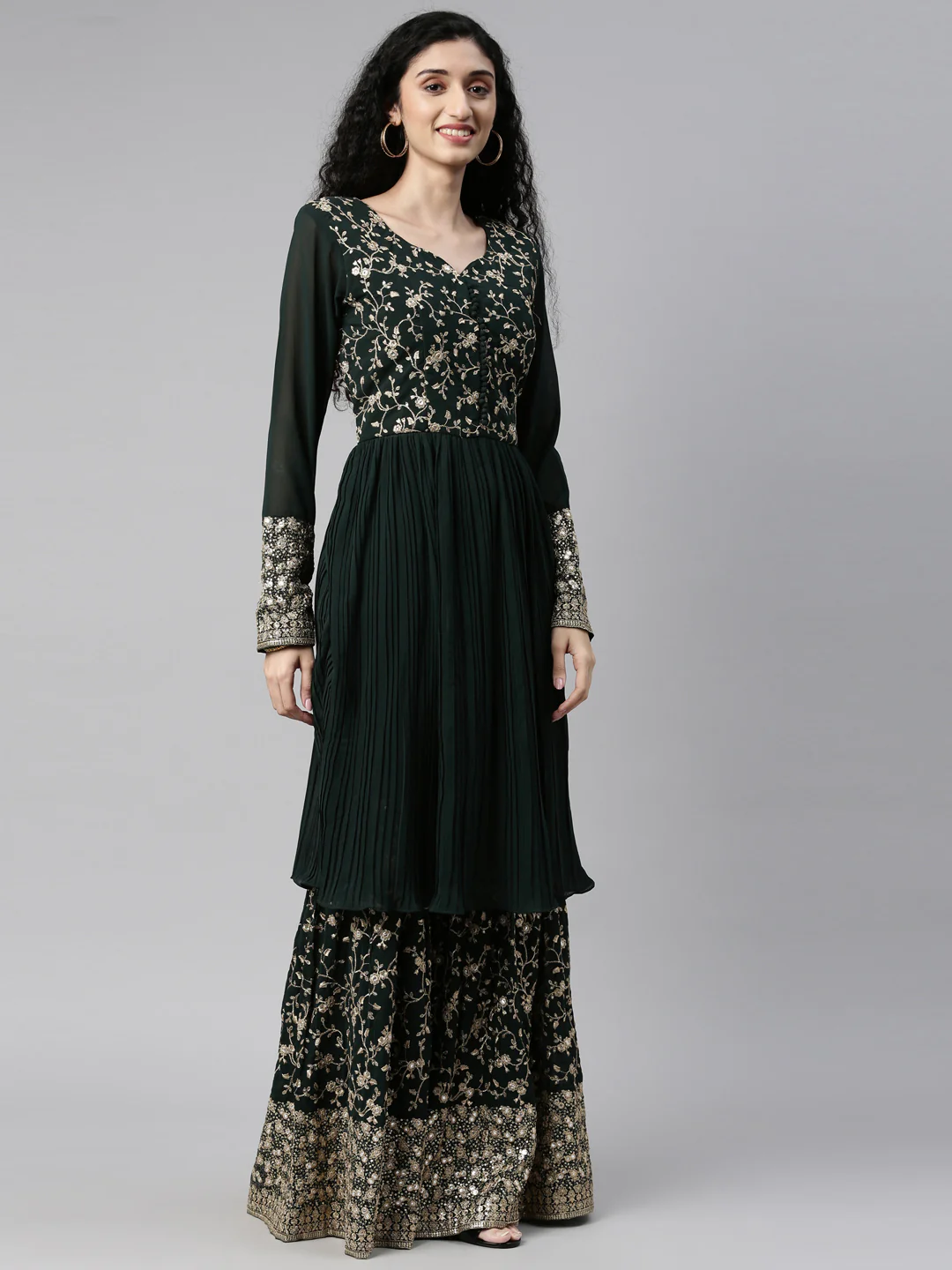 Neerus Bottle Green Color Georgette Fabric Kurta Set - Image 8