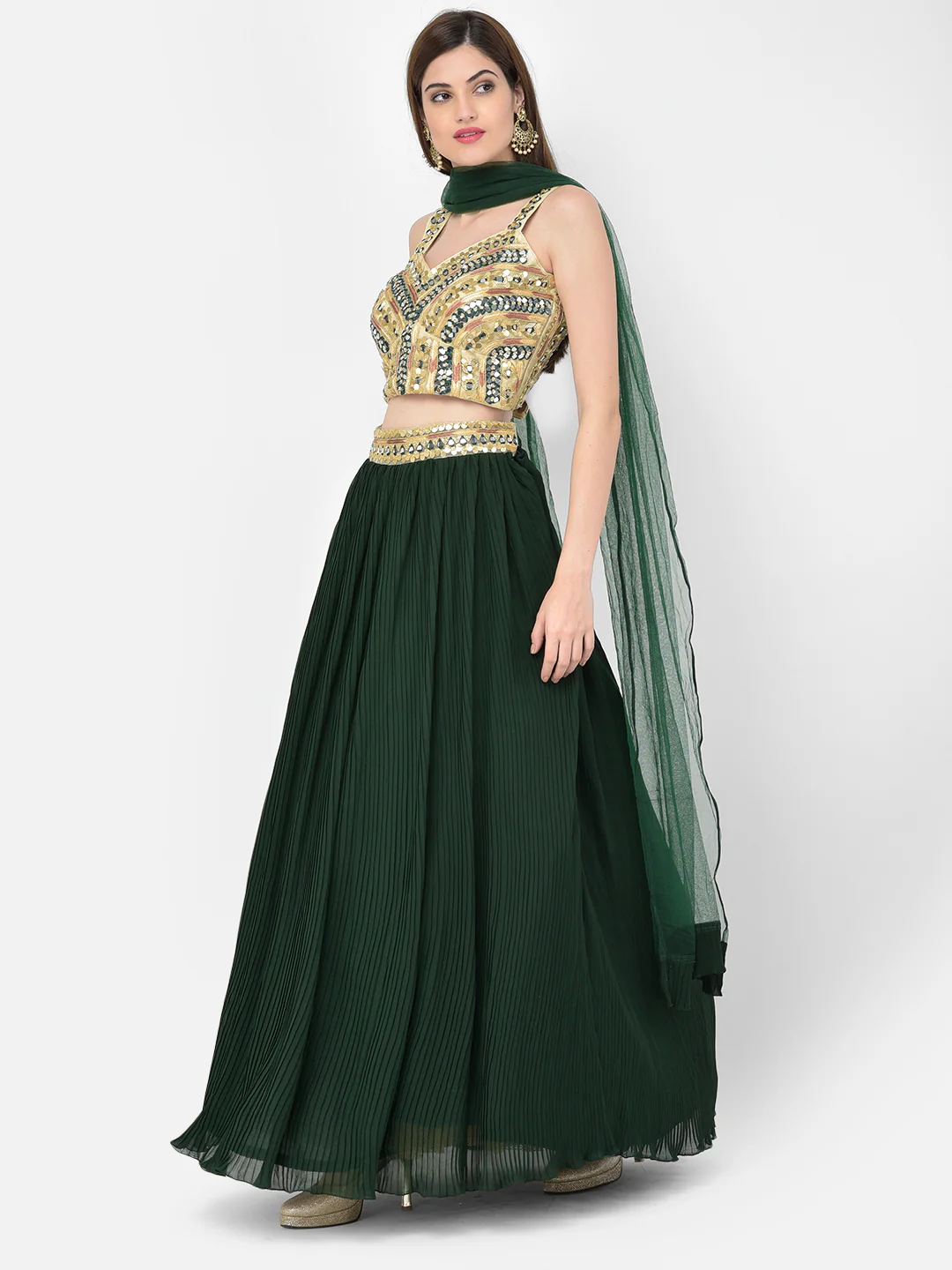 Neerus Bottle Green Color Georgette Fabric Lehenga Choli
