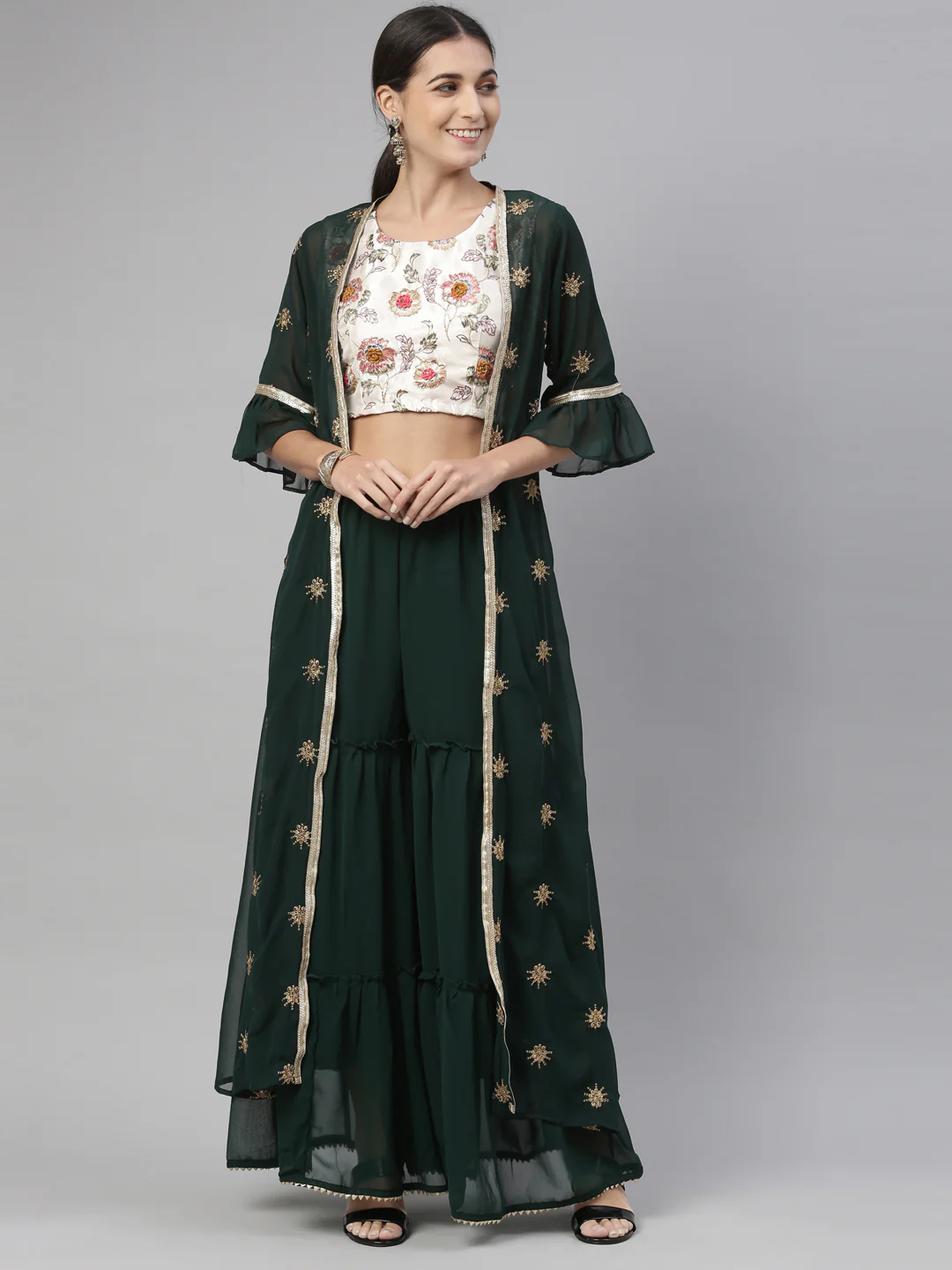 Neerus Bottle Green Color Georgette Fabric Suit Set