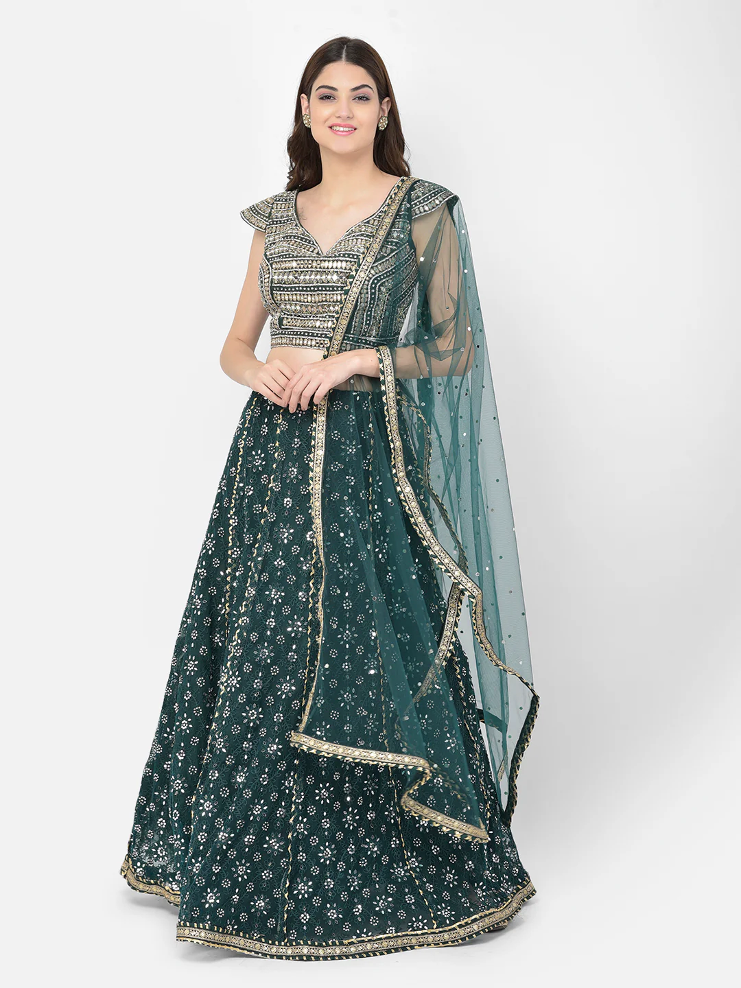 Neerus Bottle Green Color Nett Fabric Lehenga Choli