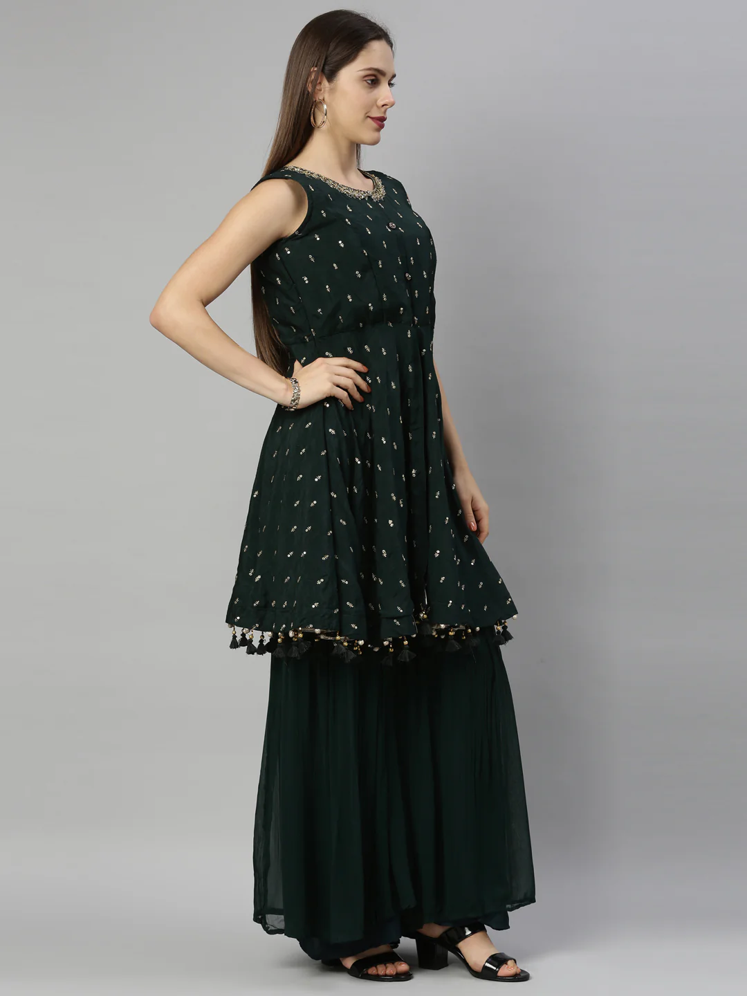 Neerus Bottle Green Color Silk Fabric Suit-Short Anarkali - Image 4
