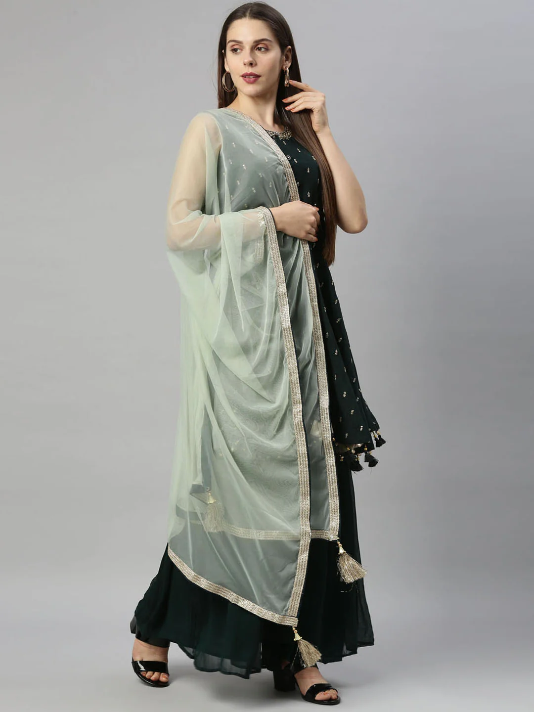 Neerus Bottle Green Color Silk Fabric Suit-Short Anarkali - Image 6