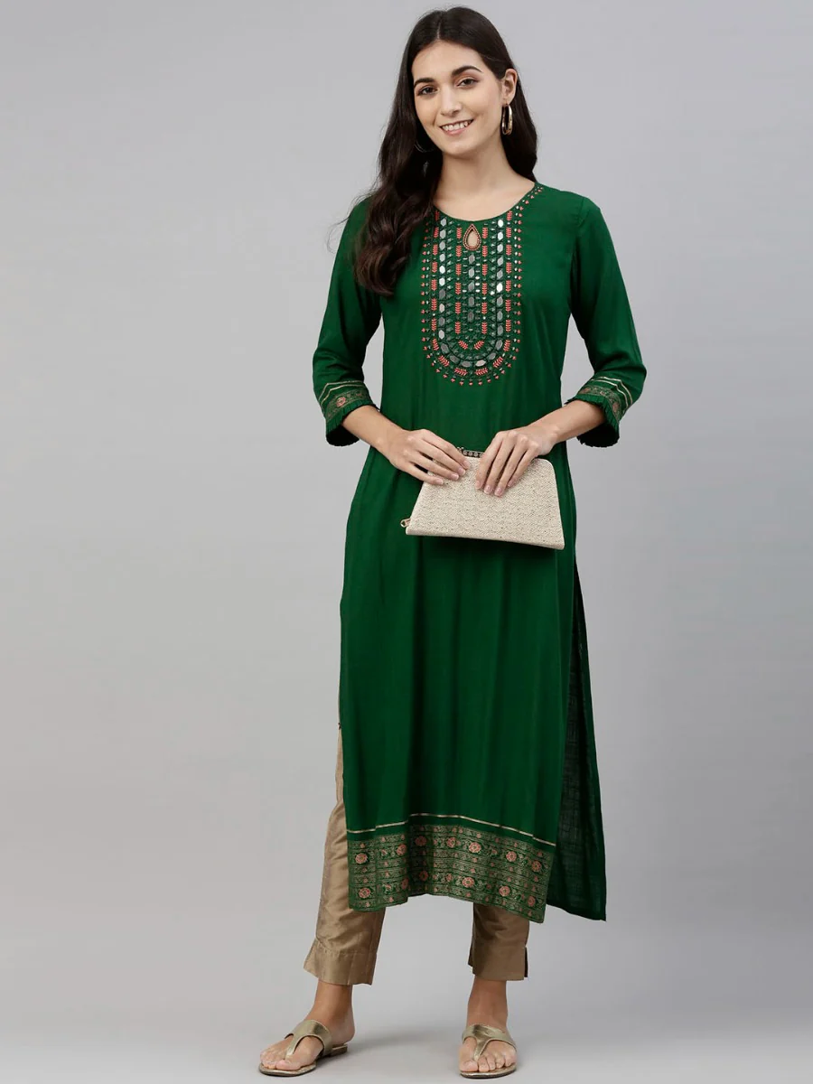 Neerus Bottle Green Color Slub Rayon Fabric Tunic