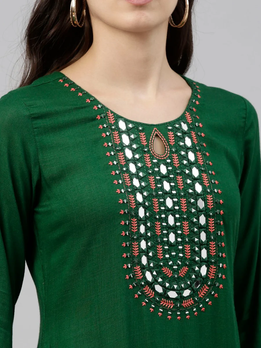Neerus Bottle Green Color Slub Rayon Fabric Tunic - Image 2
