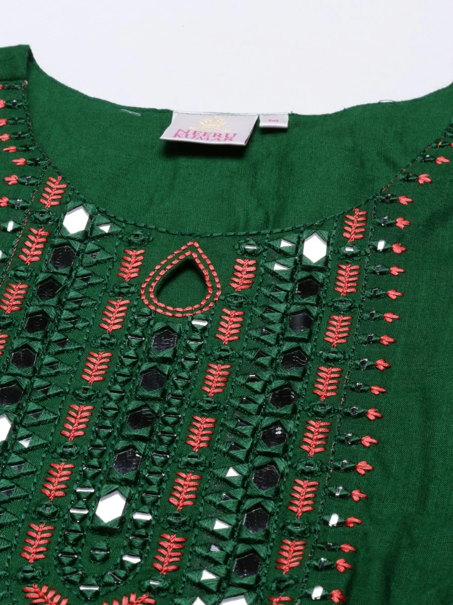 Neerus Bottle Green Color Slub Rayon Fabric Tunic - Image 4
