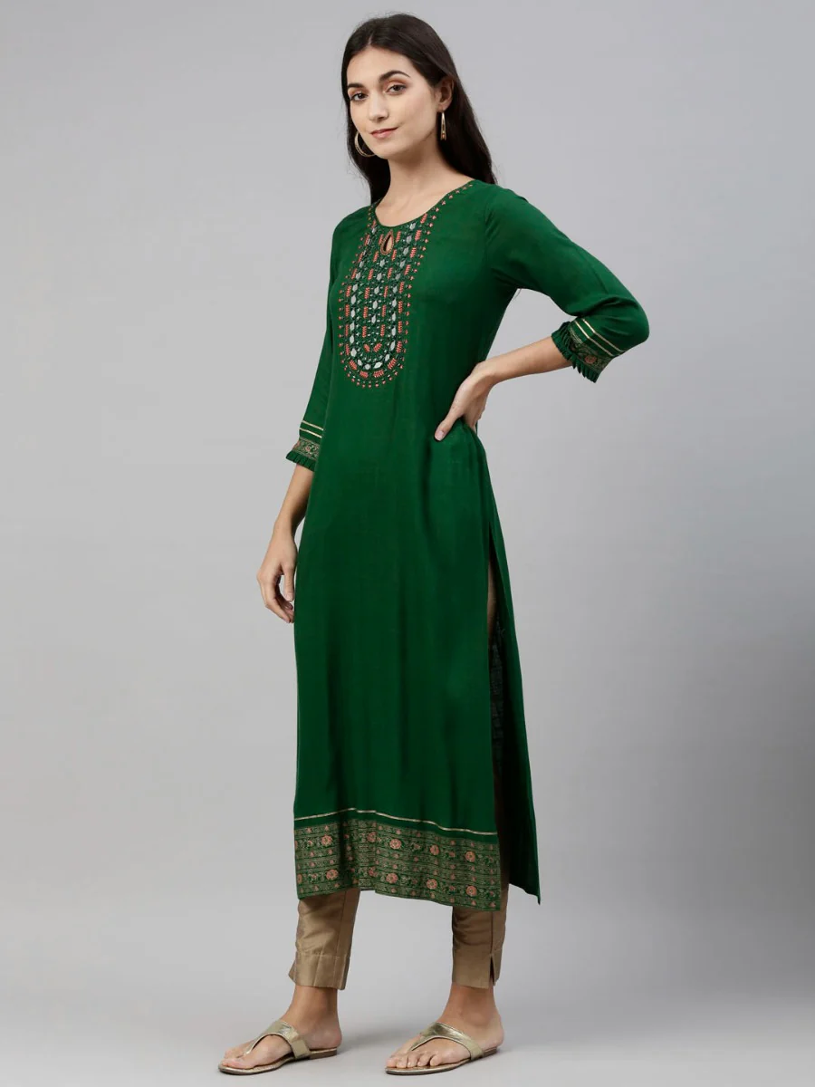 Neerus Bottle Green Color Slub Rayon Fabric Tunic - Image 6