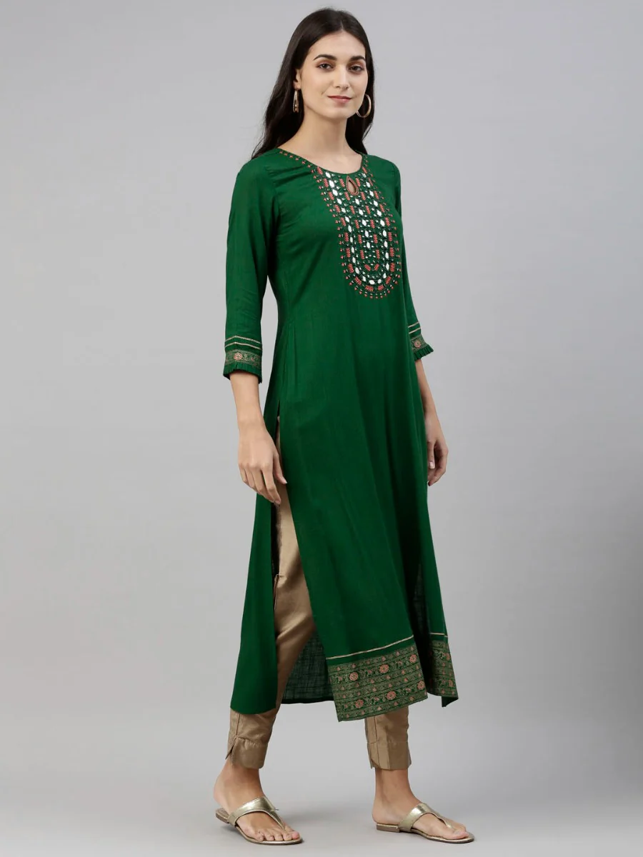 Neerus Bottle Green Color Slub Rayon Fabric Tunic - Image 7