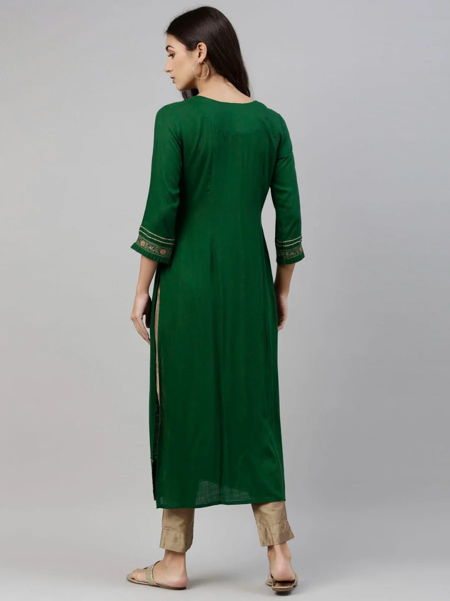 Neerus Bottle Green Color Slub Rayon Fabric Tunic - Image 8