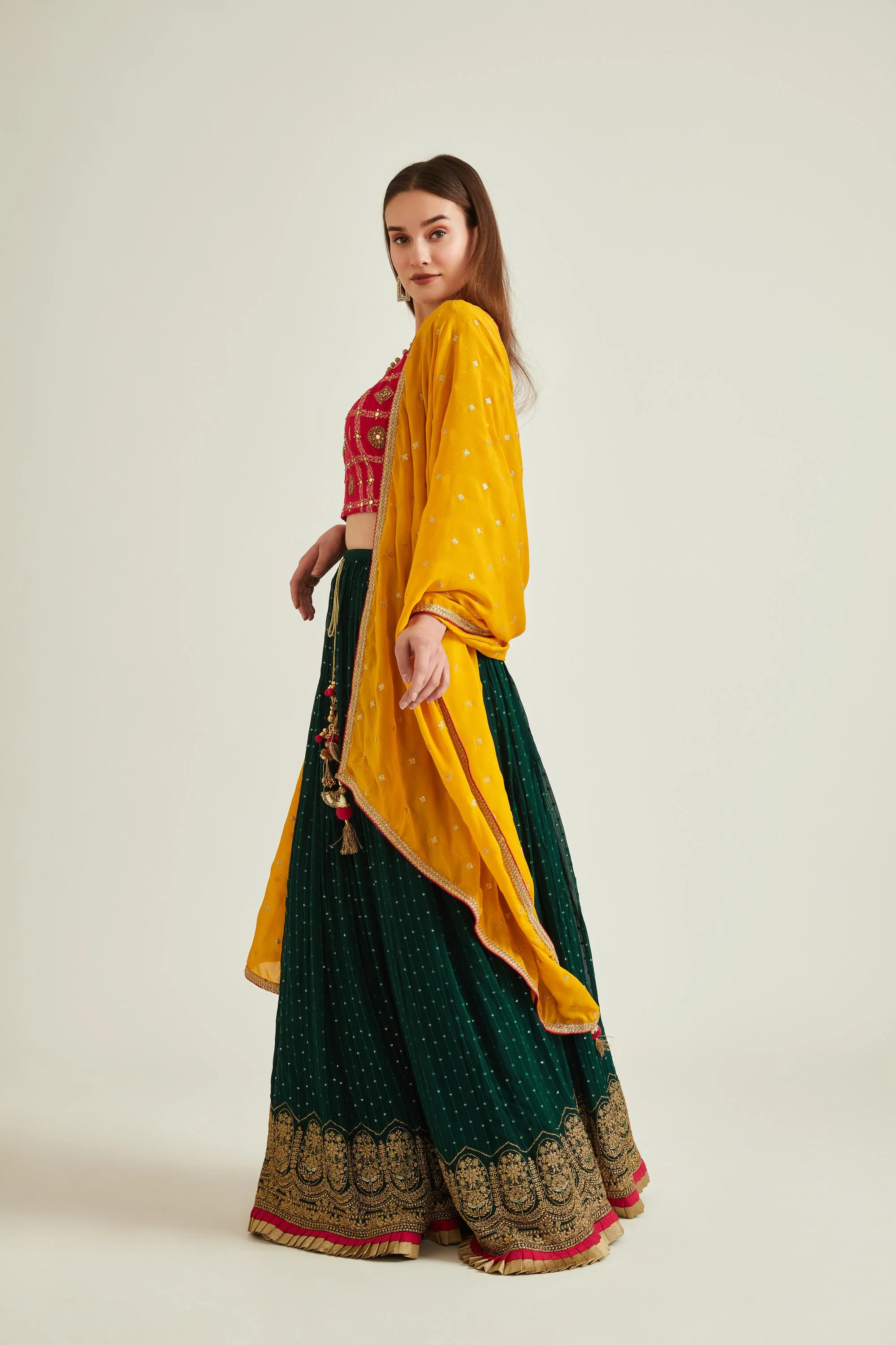 Neerus Bottle Green Colour Georgette Fabric Ghagra Set