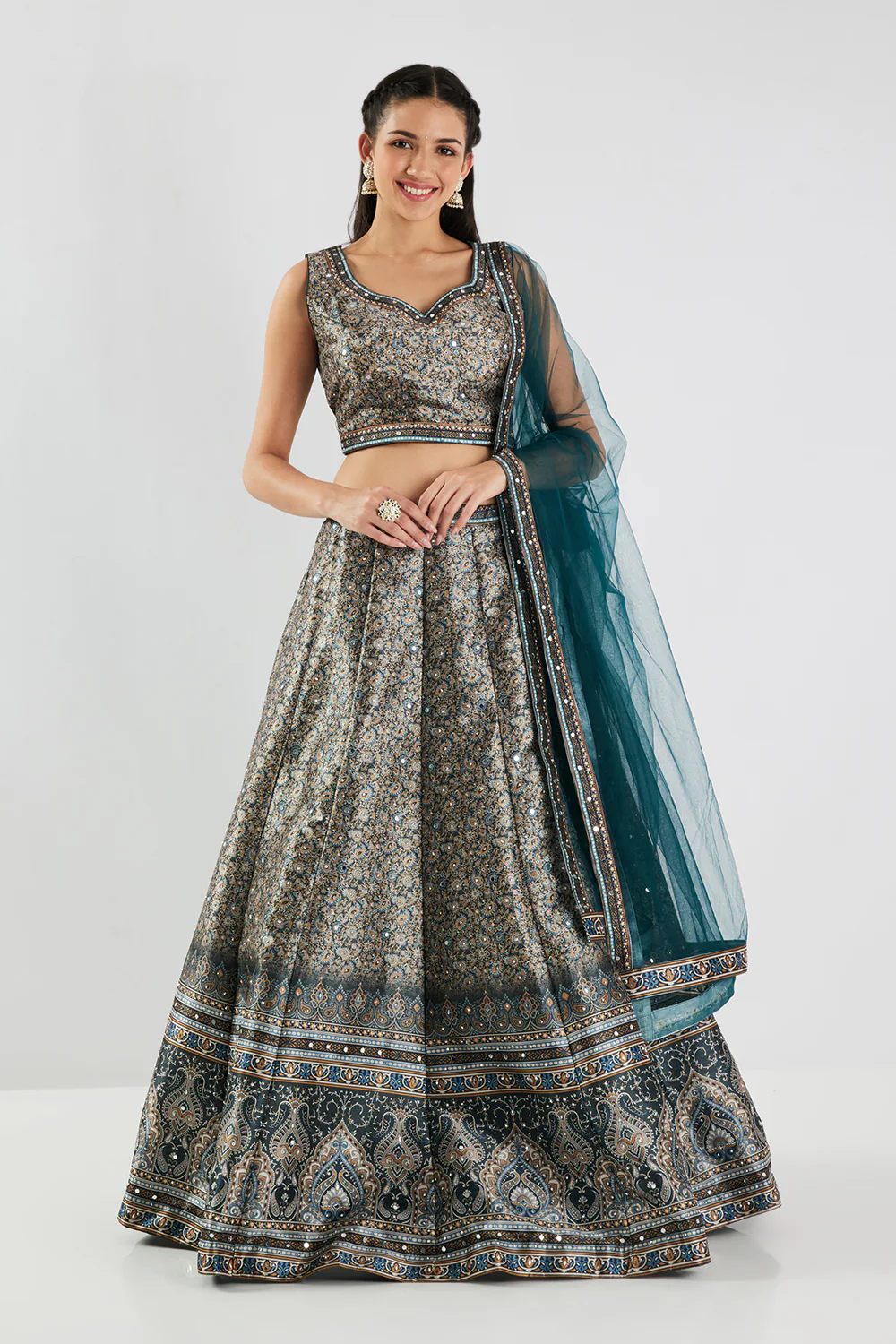 Neerus Bottle Green Printed Silk Fabric Ghagra Set - Image 2