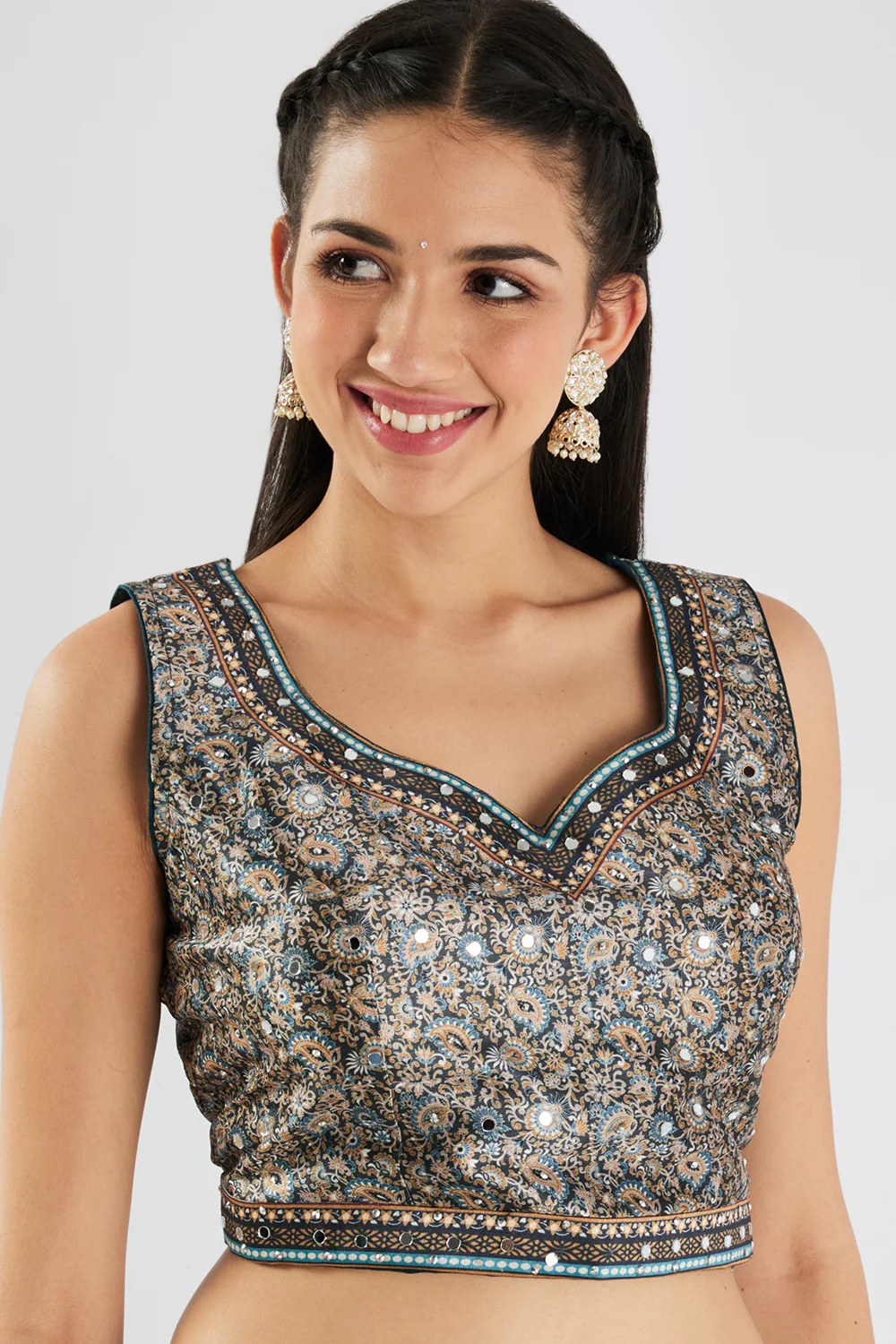 Neerus Bottle Green Printed Silk Fabric Ghagra Set - Image 5