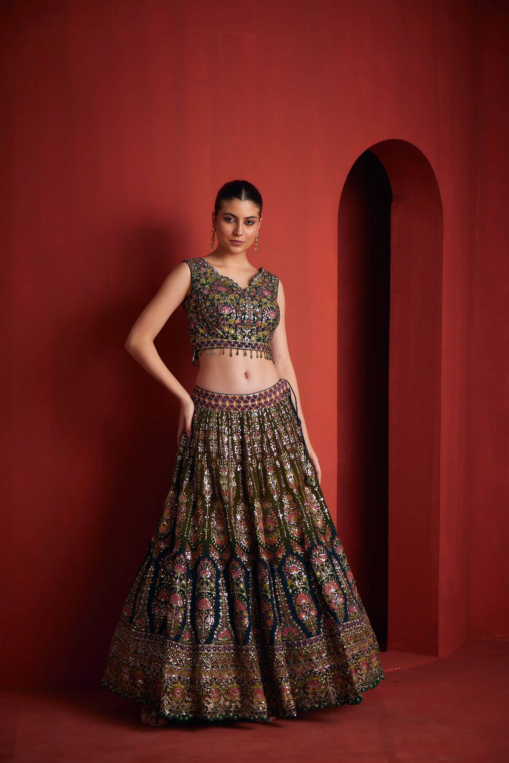Neerus Bottle Green Silk Fabric Ghagra Set
