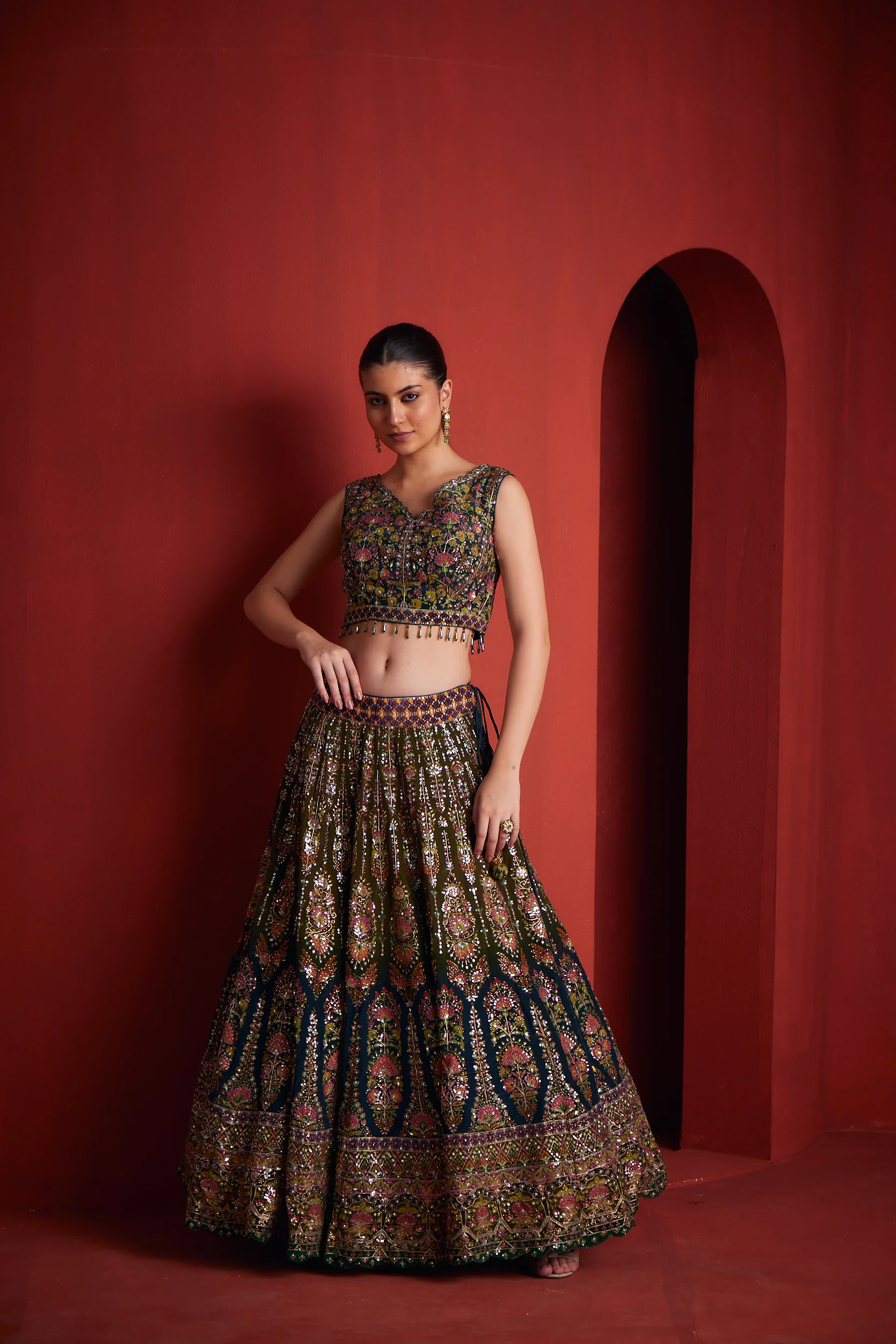 Neerus Bottle Green Silk Fabric Ghagra Set - Image 2