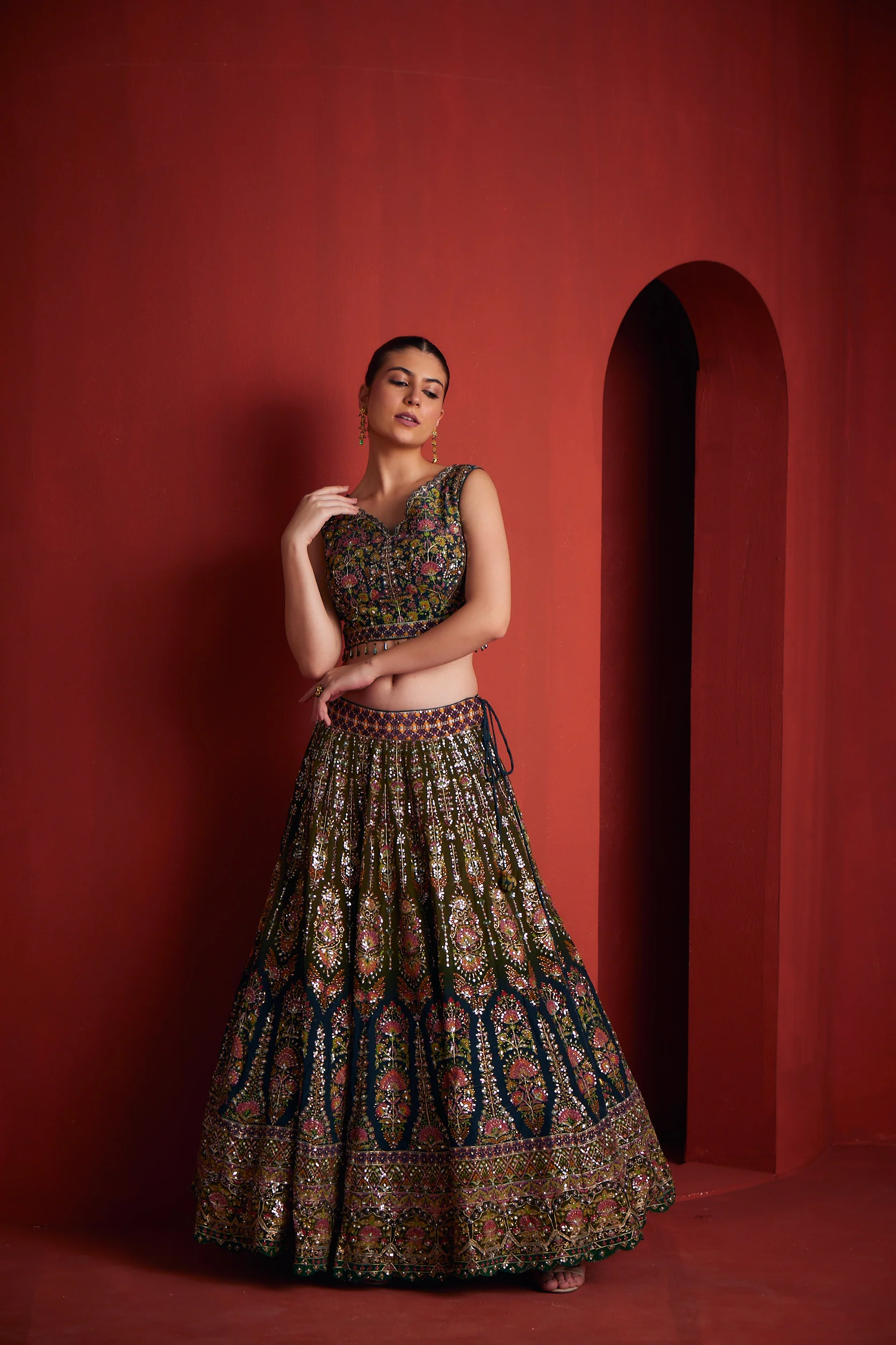 Neerus Bottle Green Silk Fabric Ghagra Set - Image 3