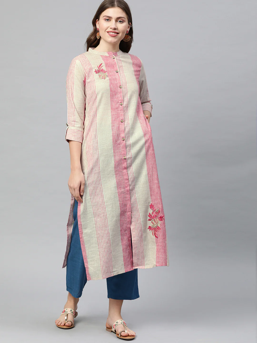 Neerus Brige & Pink Embroidered Straight Kurta