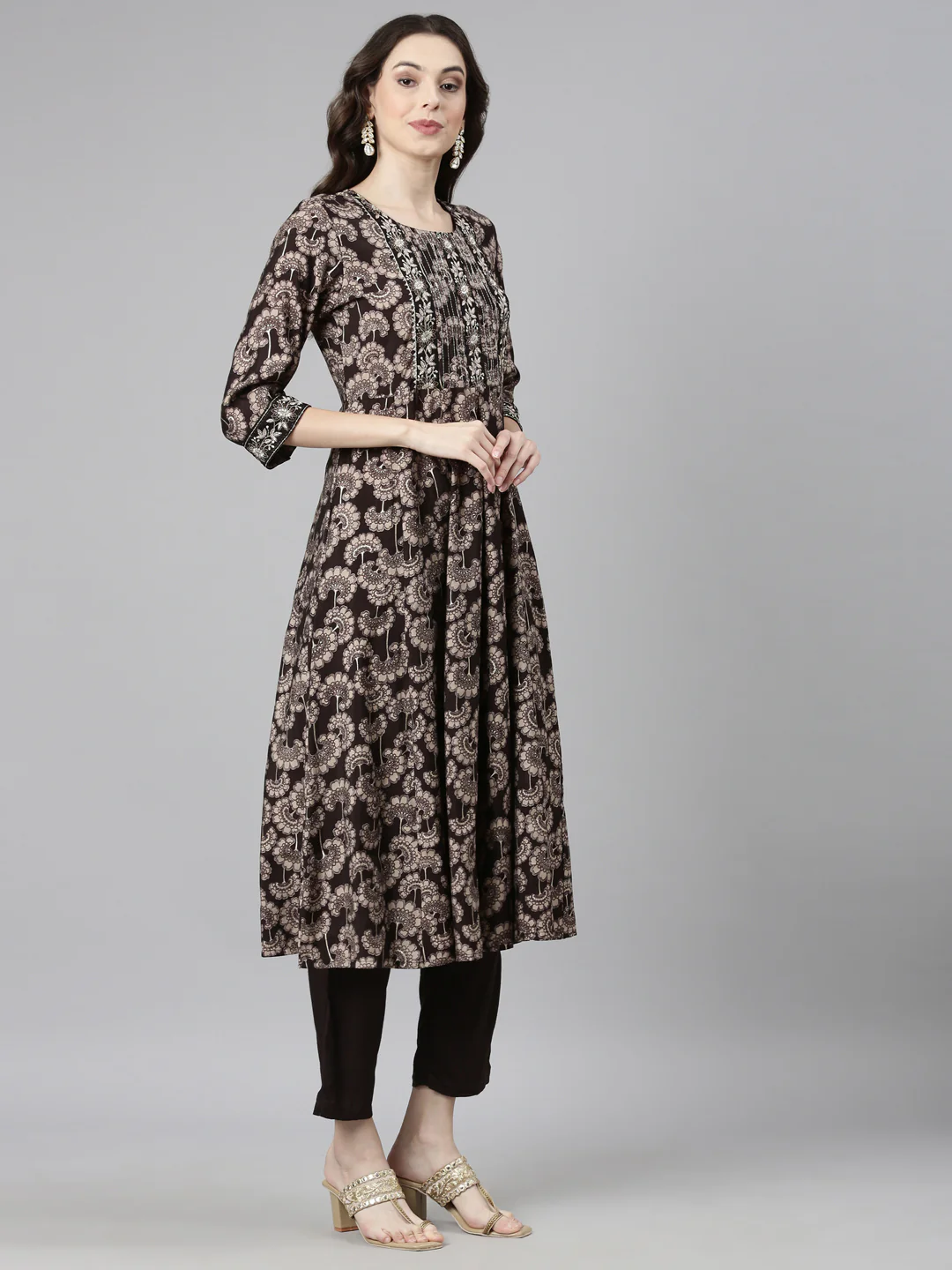 Neerus Brown Casual Floral Anarkali Kurta and Trousers With Dupatta - Image 3