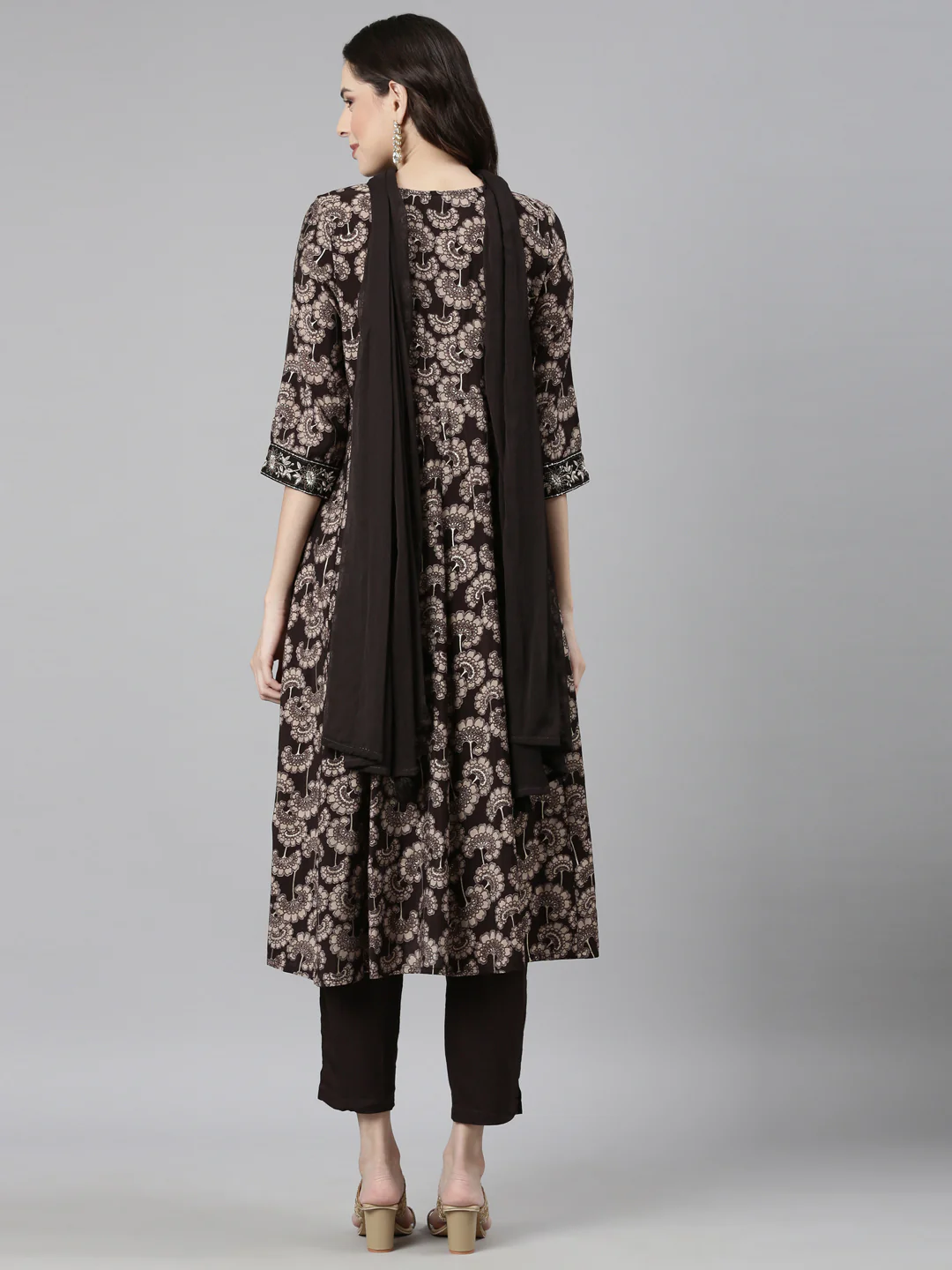 Neerus Brown Casual Floral Anarkali Kurta and Trousers With Dupatta - Image 4
