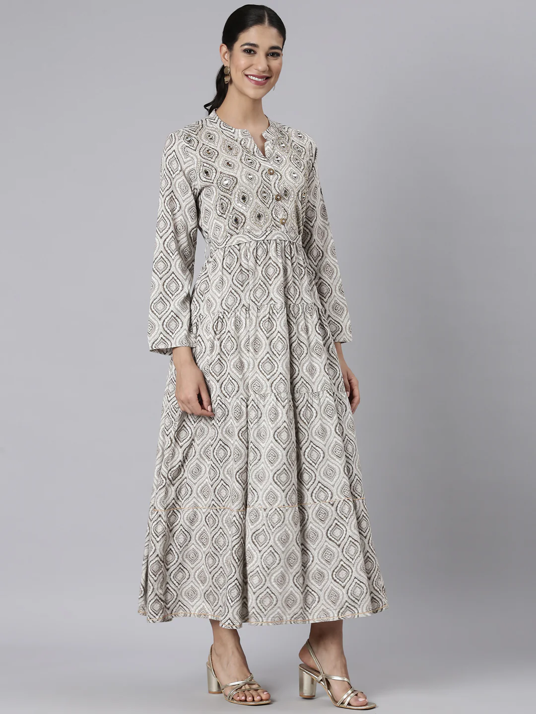 Neerus Brown Casual Maxi Color-blocked Dresses - Image 2