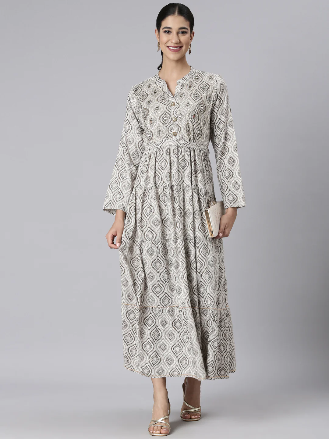 Neerus Brown Casual Maxi Color-blocked Dresses - Image 5
