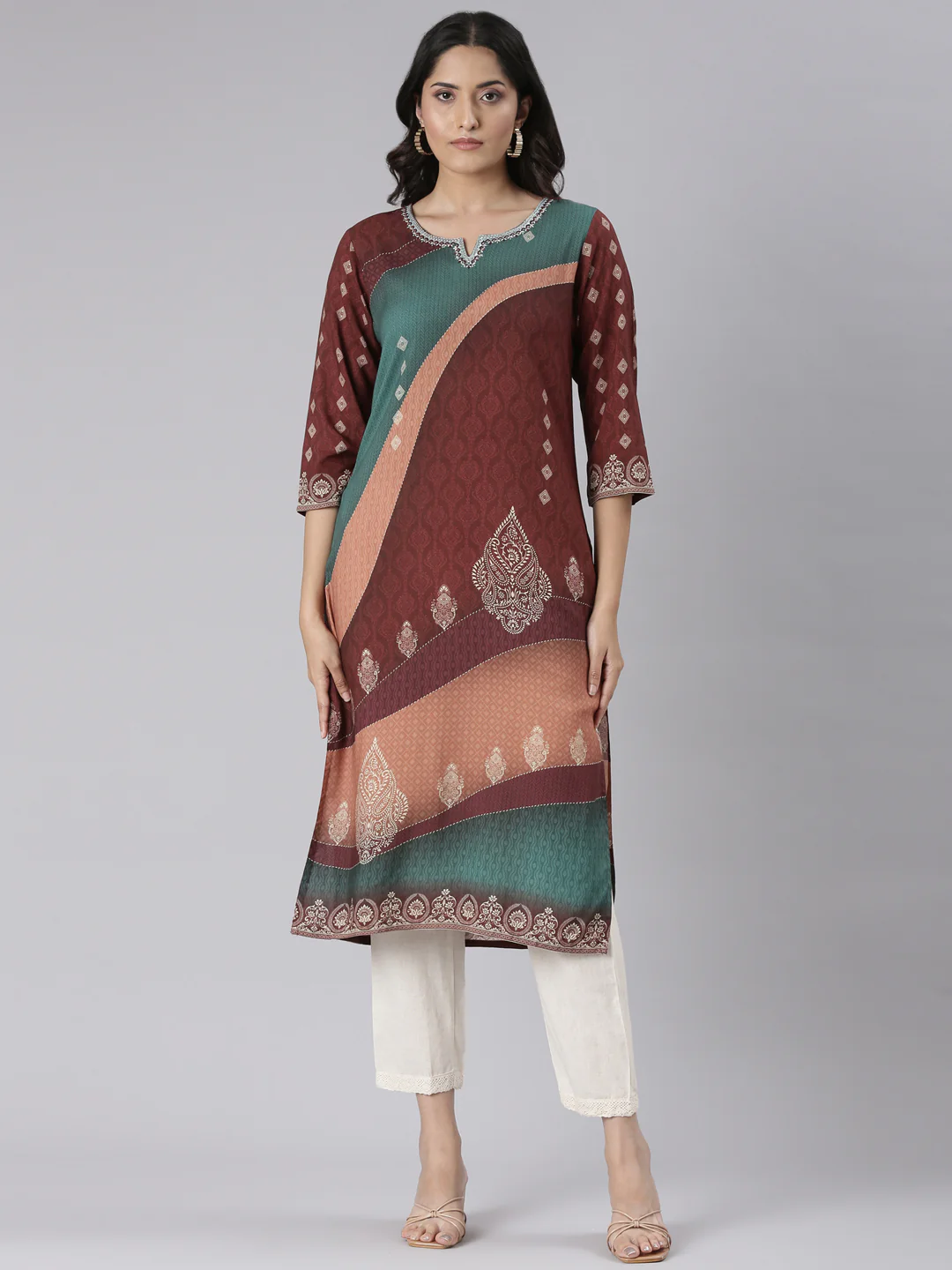 Neerus Brown Casual Paisley Straight Kurta