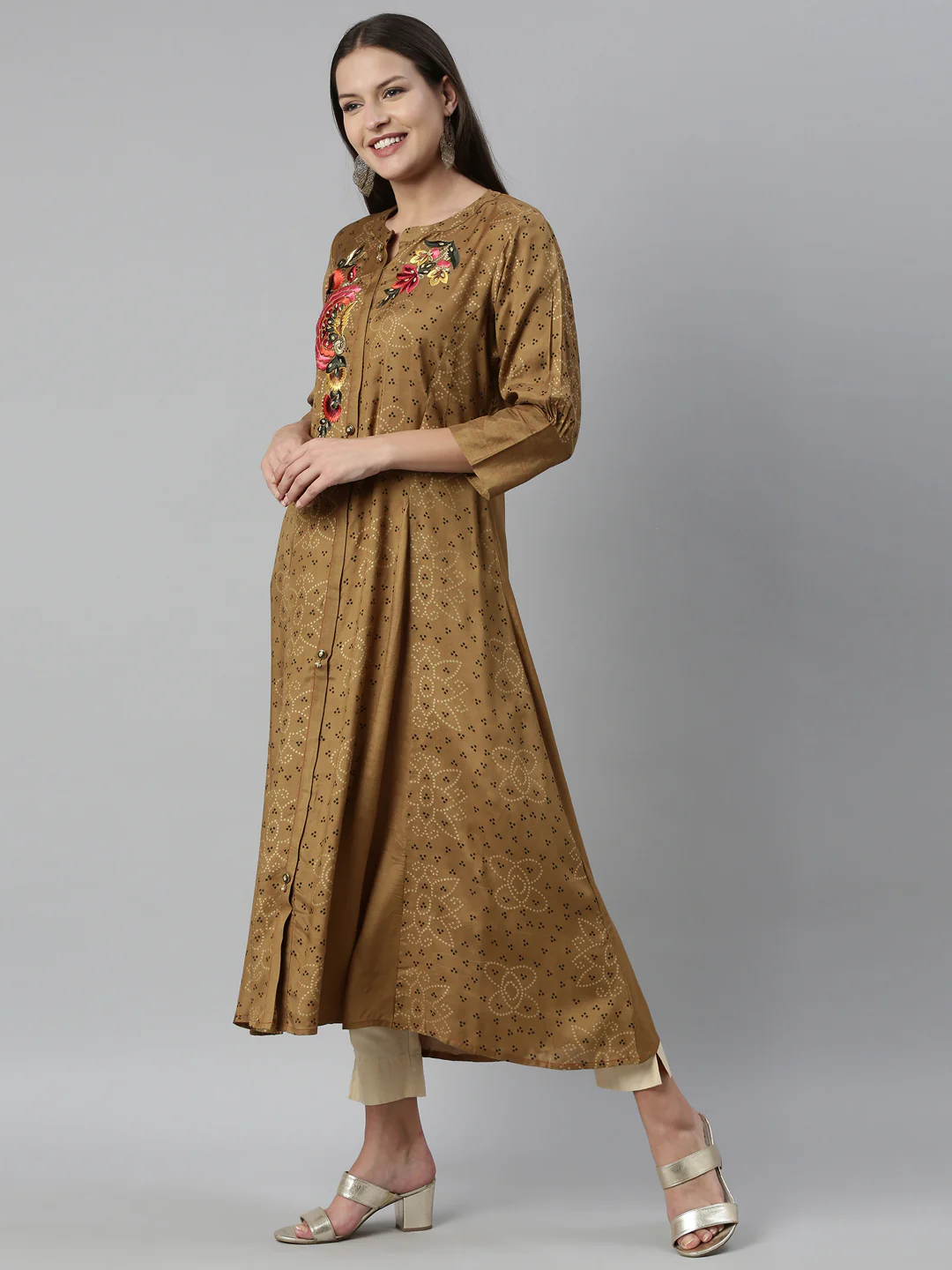 Neerus Brown Color Santoon Fabric Kurta - Image 3