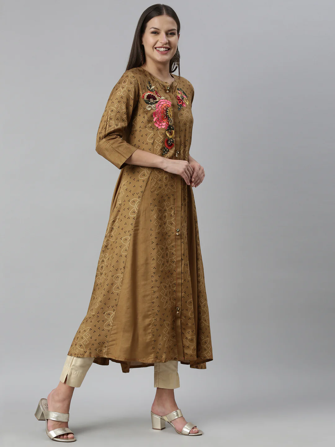 Neerus Brown Color Santoon Fabric Kurta - Image 4