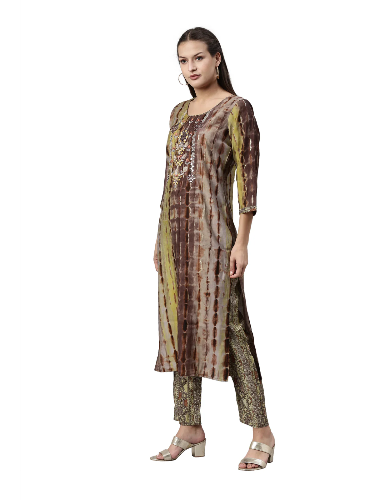 Neerus Brown Color Satin Fabric Kurta Set - Image 3