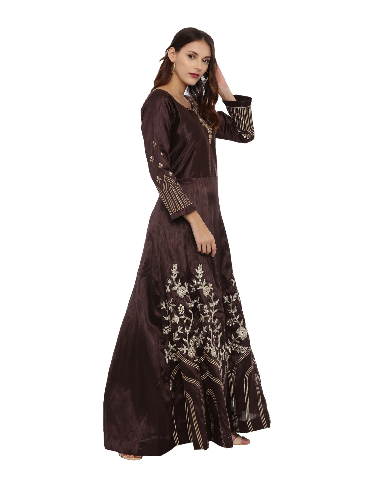 Neerus Brown Color Silk Fabric Full Sleeves Suit-Anarkali - Image 3