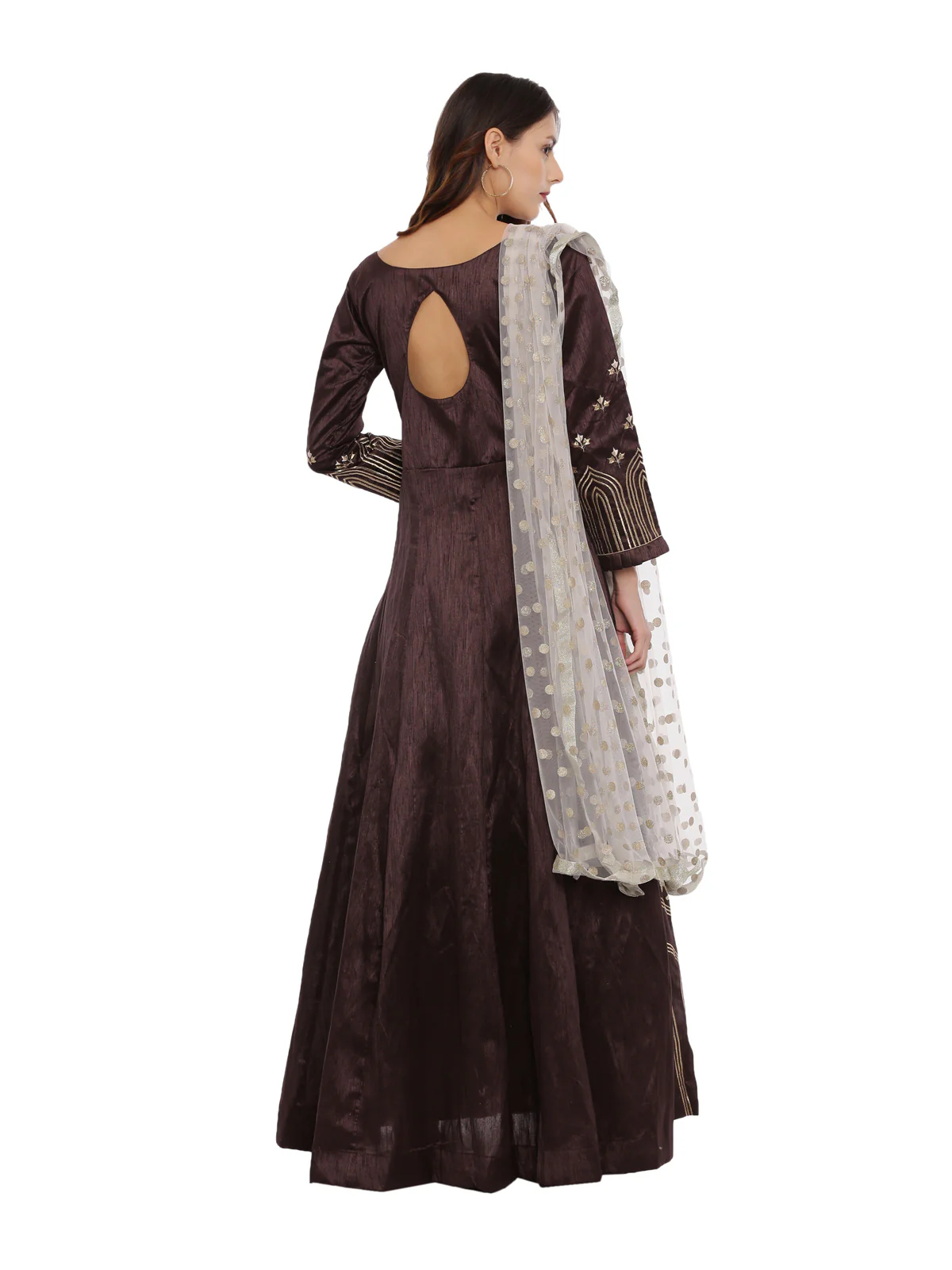 Neerus Brown Color Silk Fabric Full Sleeves Suit-Anarkali - Image 4