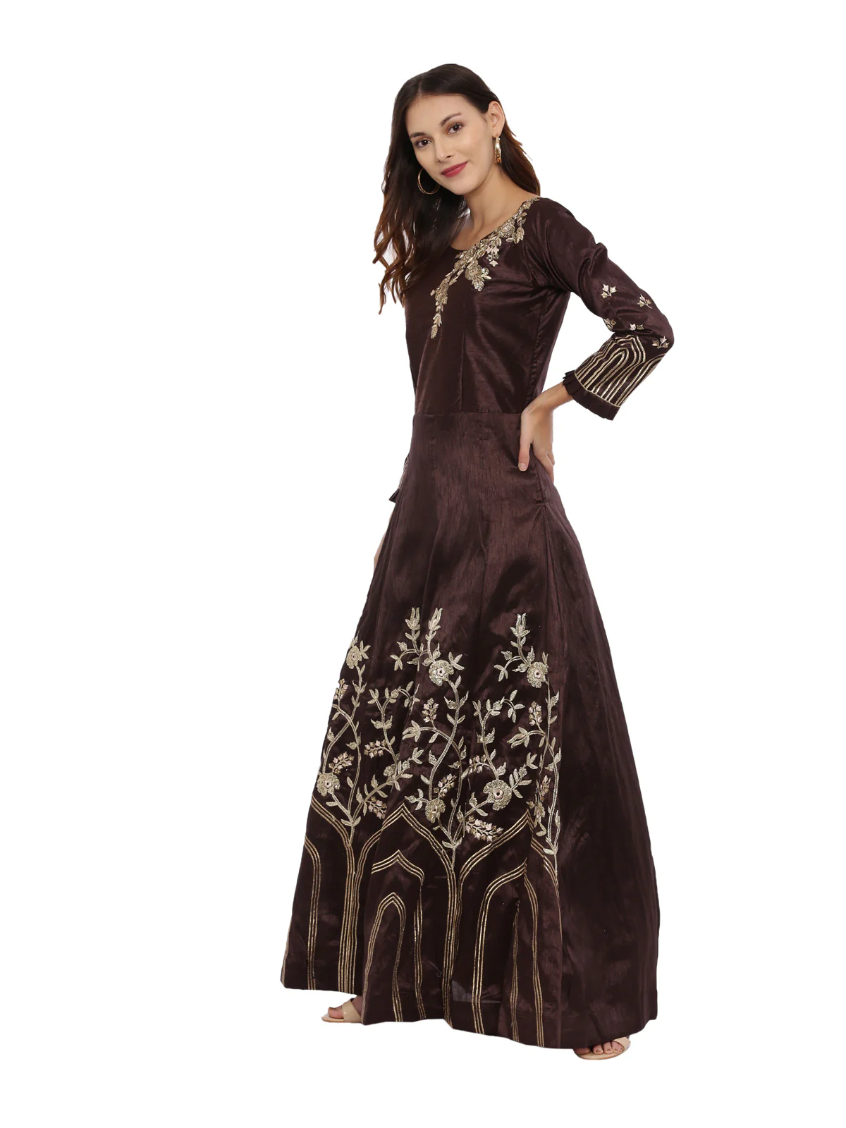 Neerus Brown Color Silk Fabric Full Sleeves Suit-Anarkali - Image 5