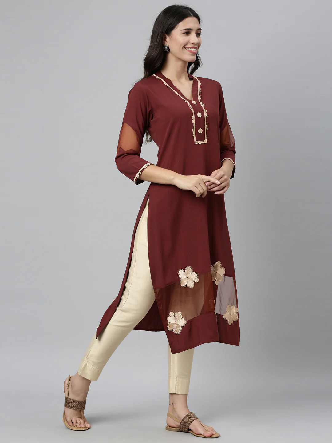 Neerus Brown Color Slub Rayon Fabric Kurta