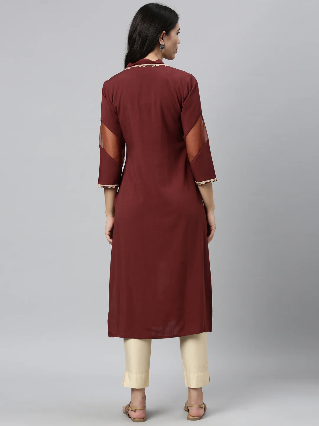 Neerus Brown Color Slub Rayon Fabric Kurta - Image 2