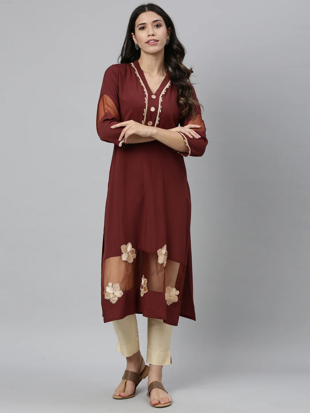 Neerus Brown Color Slub Rayon Fabric Kurta - Image 8