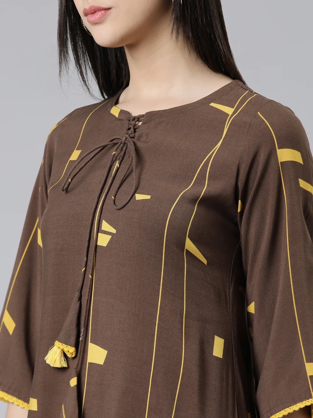 Neerus Brown Curved Printed Cotton Kurta - Image 4