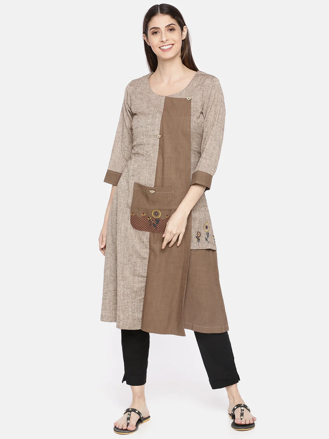 Neerus Brown Embroidered A Line Kurta