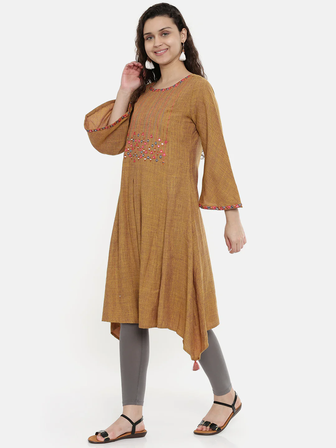 Neerus Brown Embroidered A Line Kurta - Image 5