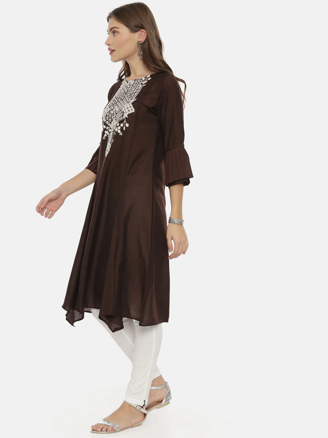 Neerus Brown Embroidered A Line Kurta - Image 3