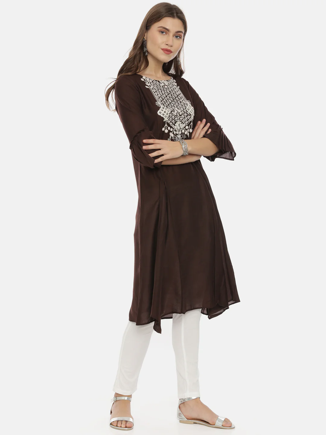 Neerus Brown Embroidered A Line Kurta - Image 4
