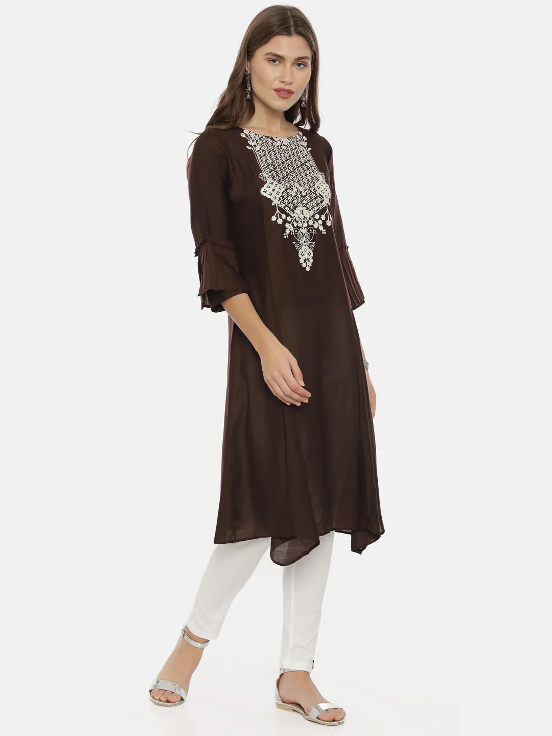 Neerus Brown Embroidered A Line Kurta - Image 6