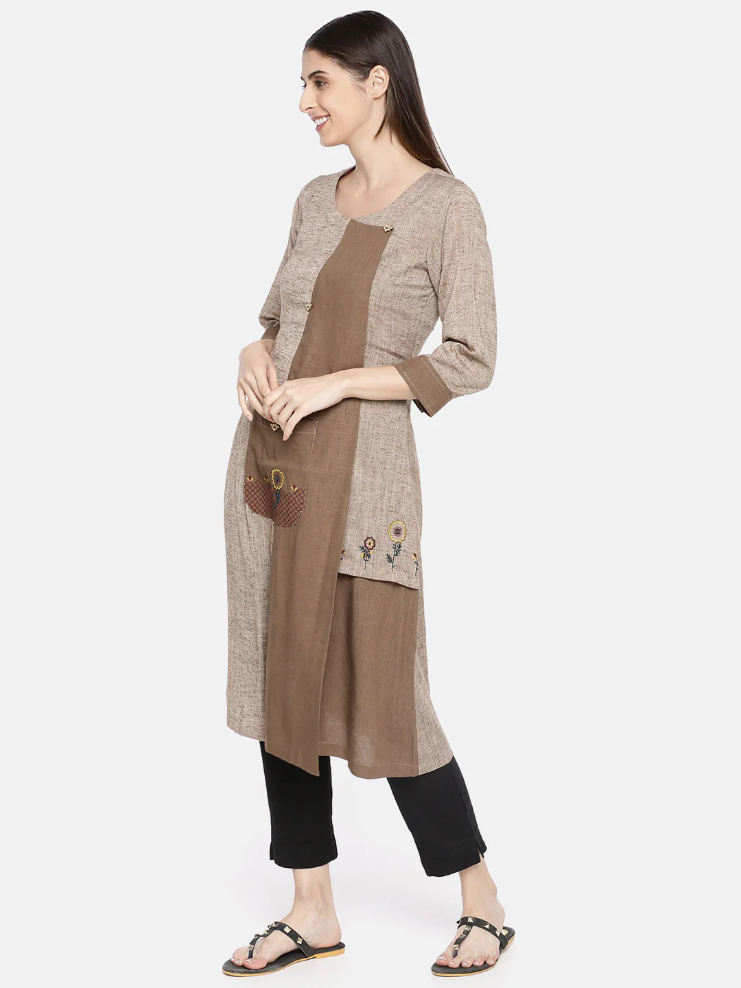 Neerus Brown Embroidered A Line Kurta - Image 4