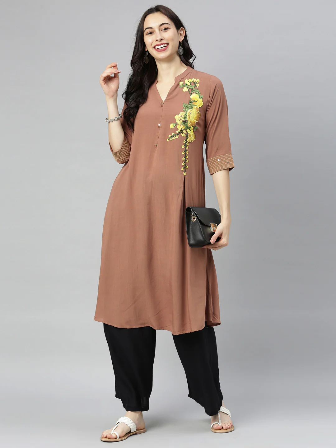 Neerus Brown Embroidered A Line Kurta - Image 8