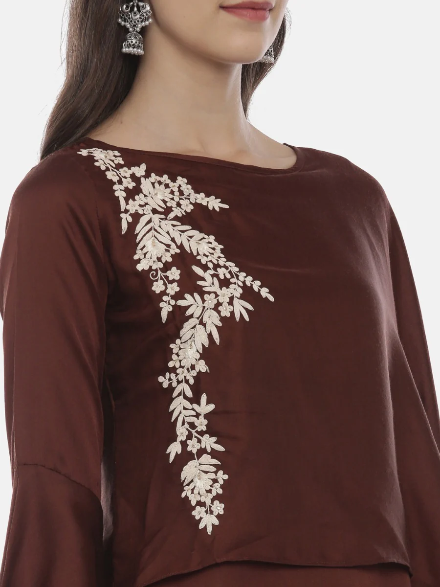 Neerus Brown Embroidered A Line Kurti - Image 3